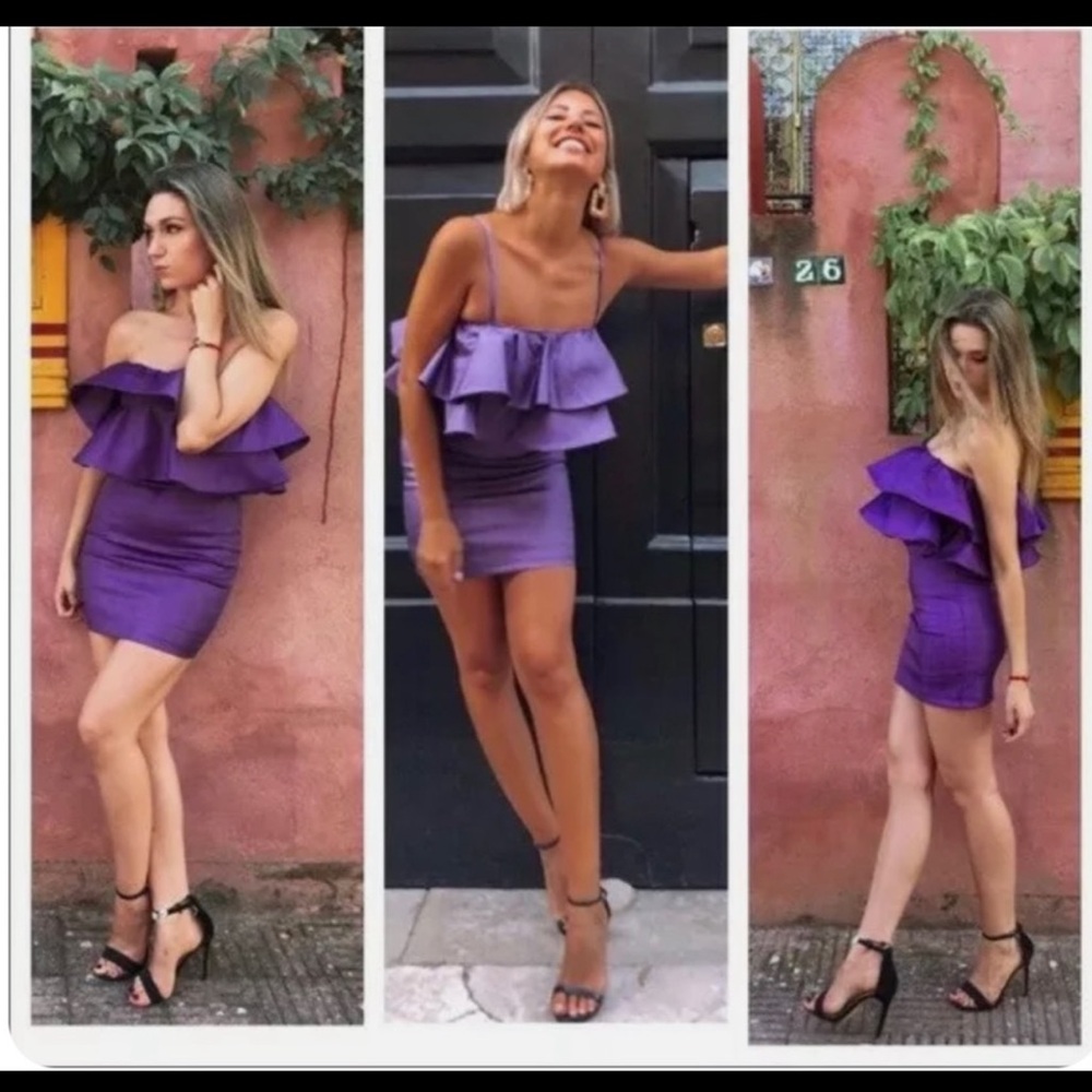 ZARA Purple Metallic Bodycon Stretch Sleeveless Ruffled Shiny Mini Dress Medium